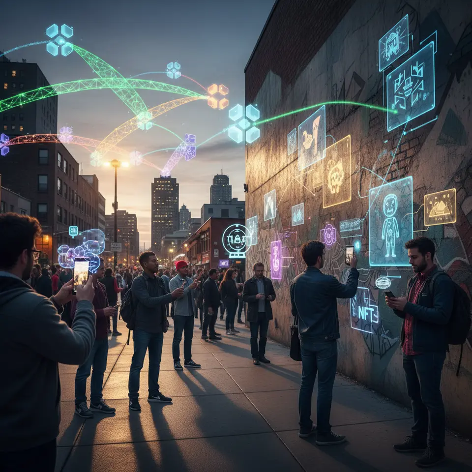 Technical Integrations: Cross-Chain & AR Experiences: Show multiple blockchain networks linked by glowing bridges as NFTs flow seamlessly between them, alongside smartphone users pointing at a public mural that comes to life with augmented-reality overlays, unlocking hidden digital artworks and interactive filters in a dense urban environment.