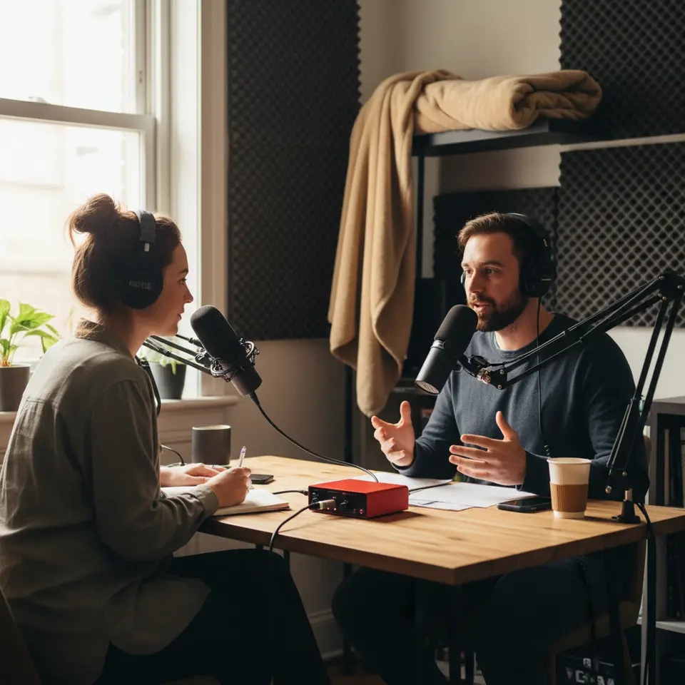 A detailed home podcast studio setup: a dynamic XLR microphone mounted on a boom arm, connected to a compact audio interface, closed-back headphones resting nearby, and acoustic foam panels or thick blankets on walls to reduce echo – all lit with soft, professional lighting to showcase the gear’s textures and labels.