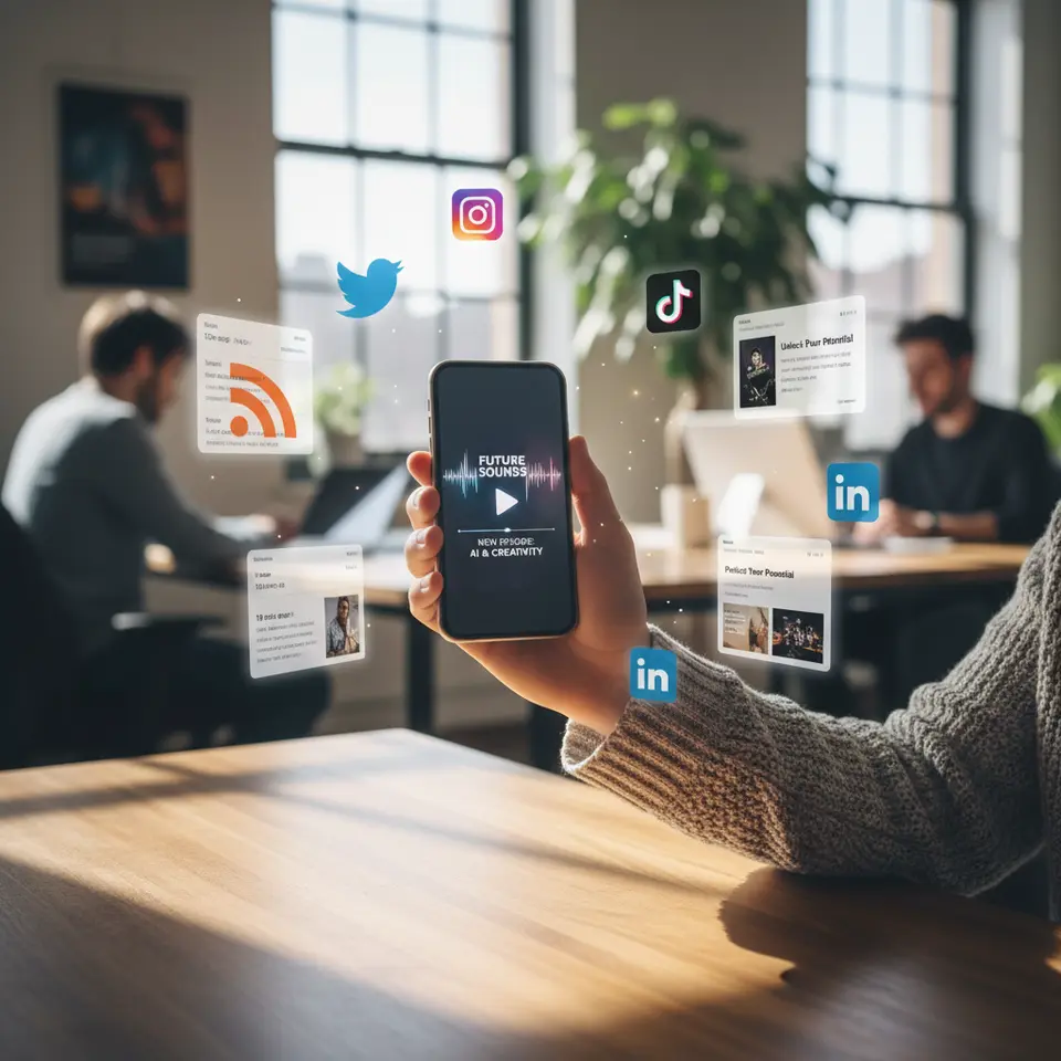 Multichannel podcast promotion scene: a smartphone screen displaying an audiogram waveform video clip, surrounded by floating social media icons (Twitter, Instagram Reels, TikTok, LinkedIn), an RSS feed symbol, and blog post snippets with timestamps and show notes – conveying dynamic distribution and community engagement.